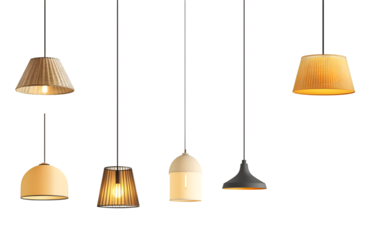 Set of different modern hanging lamps on white background. 