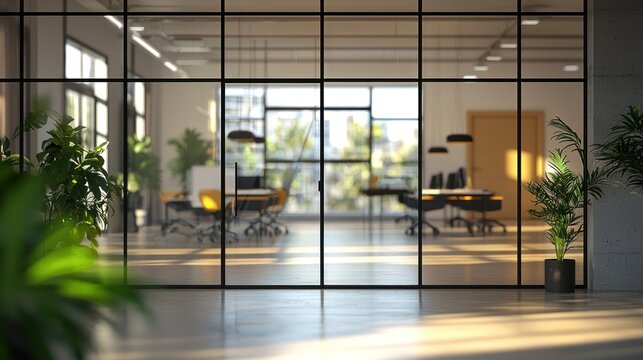 Fototapeta Blurred office interior background with a blurred door and glass wall, blurry bokeh light effect for a business concept design. High-quality photo, taken with a telephoto lens in realistic daylight