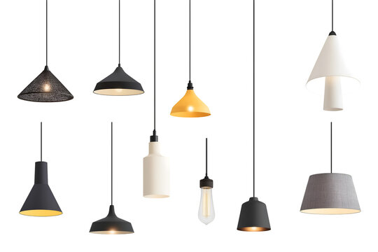Set of different modern hanging lamps on white background. 