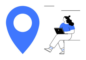 Woman sitting with laptop beside a large blue geolocation pin. Ideal for tech, navigation, remote work, digital nomadism, travel planning, online communication, and location services. Line metaphor