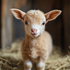 Obraz premium A cute, fluffy, light brown lamb with white markings on its face and legs, standing in a straw-filled barn, looking directly at the camera with wide, innocent eyes.