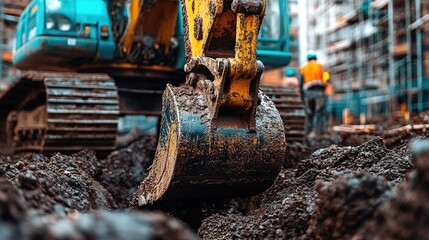 Fototapeta premium construction excavator digging into the earth, with workers and scaffolding visible in the background