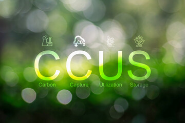 Carbon Capture, Utilization and Storage (CCUS) concept. Words CCUS on nature background Technology of CO2 capturing and store. Net zero target, limit global warming.