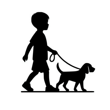 recommend clip art: A young boy walking a beagle dog with leash on hand black silhouette vector illustration
