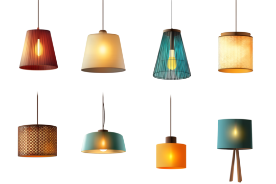 Set of different modern hanging lamps on white background. 
