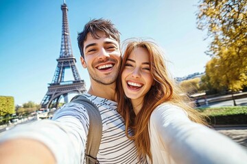Joyful couple taking selfie in front of Eiffel Tower in Paris France summer vacation travel adventure