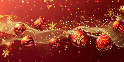 Red background with a Christmas or New Year decoration border of snow and gifts with festive atmosphere. New Year or Christmas banner for your design with copy space