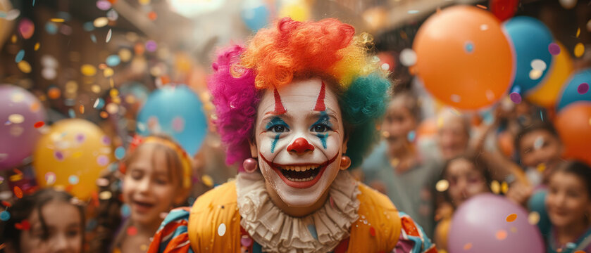 Colorful clown entertaining children at a festive celebration filled with balloons and confetti