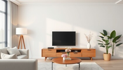A sleek, minimalist living room with a light wood TV cabinet, a large TV, a potted plant, a stylish floor lamp, and a cozy gray armchair, creating a peaceful and modern atmosphere.