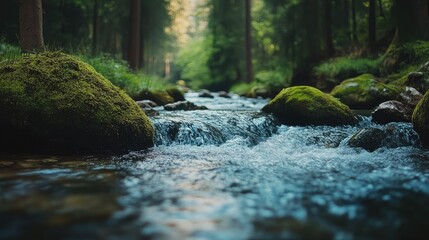 A serene river flows through a lush forest, showcasing nature's tranquility and beauty.