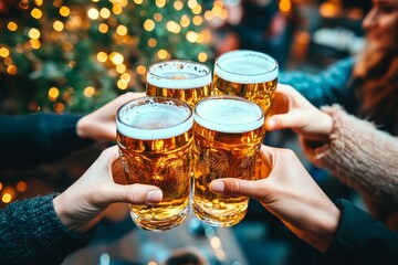 Friends toasting with amber beer at brewery pub restaurant - Happy hour celebration with glasses raised - Closeup of drinks and festive atmosphere