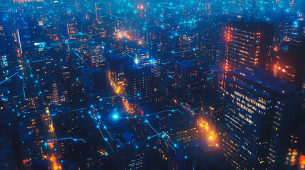 Fototapeta premium Smart digital city with connection cyber security network reciprocity over the twilight cityscape.future wireless digital city and social media networking systems that connects people within the city
