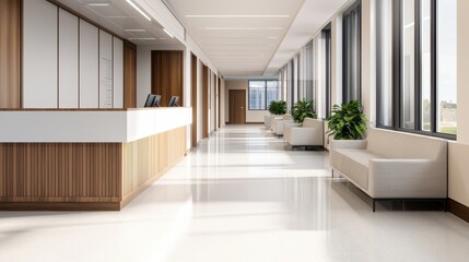Fototapeta premium A modern, spacious hallway featuring a reception area, large windows, and comfortable seating, creating a welcoming atmosphere.