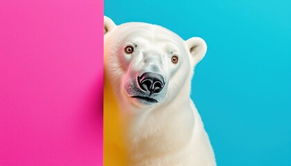 Obraz premium A festive polar bear peeking from behind a colorful party invitation backdrop.