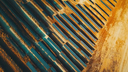 Obraz premium Aerial View of Solar Panels in Rows, Efficient Renewable Energy, 