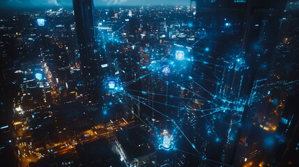 Obraz premium Smart digital city with connection cyber security network reciprocity over the twilight cityscape.future wireless digital city and social media networking systems that connects people within the city