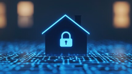 A glowing house icon with a padlock symbolizes digital security and smart home technology against a background of circuit patterns.