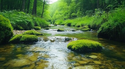 A serene river flows through a lush green forest, showcasing nature's tranquility.
