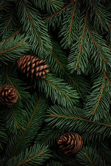 Lush pine tree branches with pine cones create serene atmosphere