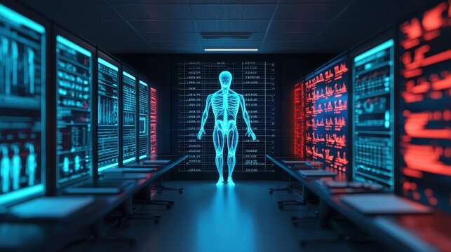 A futuristic scene featuring a holographic human figure in a data center, surrounded by glowing server racks in blue and red lighting.
