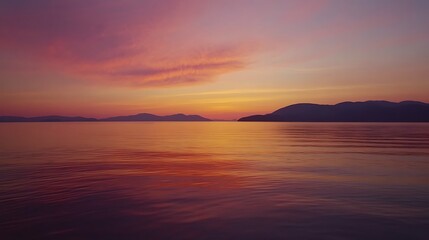 Obraz premium Golden sunset sky with vibrant orange, pink, and purple hues blending together, reflecting on a calm sea