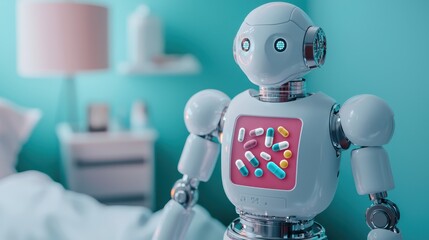 Naklejka premium A friendly robot with a pill display stands in a brightly colored room, suggesting a futuristic approach to healthcare and medication management.