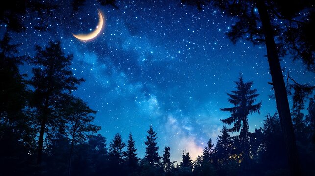Night sky full of bright stars and a crescent moon, with a clear view of the Milky Way