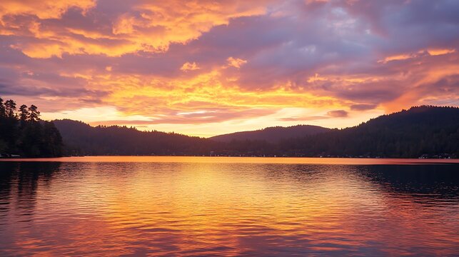 Golden sunset sky with vibrant orange, pink, and purple hues blending together, reflecting on a calm sea