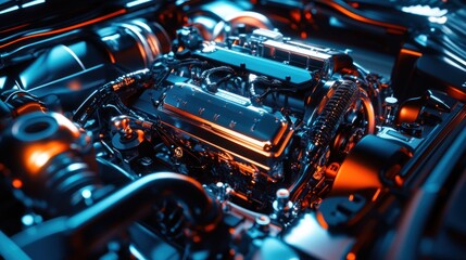 Fototapeta premium Close-up of a powerful, gleaming car engine with vibrant blue and orange lighting.