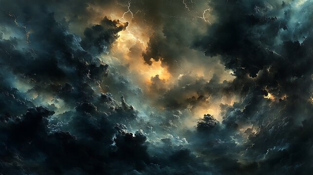 Dramatic sky filled with dark storm clouds, illuminated by occasional lightning flashes