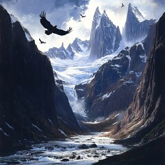 Birds Flying Over a Majestic Mountain Range.