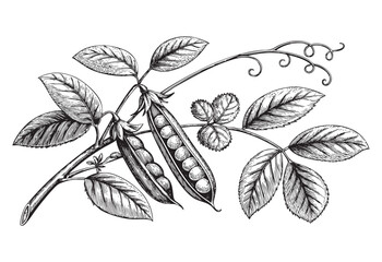 Vintage pea plant botanical sketch hand dawn drawing vector illustration