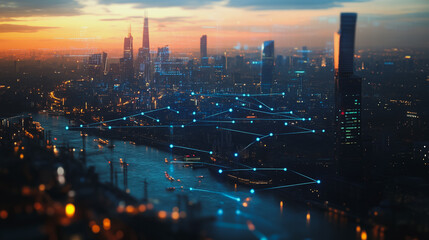 Fototapeta premium Smart digital city with connection cyber security network reciprocity over the twilight cityscape.future wireless digital city and social media networking systems that connects people within the city