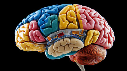 3d rendering of a human brain with labeled parts. Temporal. Illustration