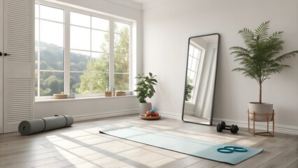 Fototapeta premium A bright room with a minimalist design: a workout mat, fitness bands, and a mirror, with sunlight streaming through a large window.