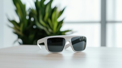 A pair of stylish white sunglasses rests on a table, with a green plant in the background, showcasing a modern and minimalistic aesthetic.