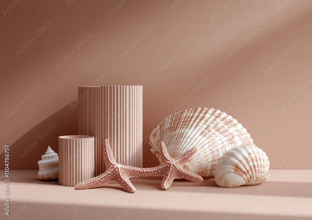 Poster minimalist seashells and starfish display on beige pedestal against brown background