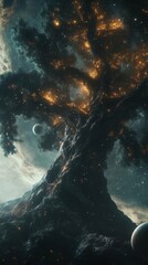 Obraz premium Cosmic Tree: Glowing Celestial Plant Life Forms in a Nebula, Planets Orbiting Mystical Space Tree, with a Stunning View of the Universe