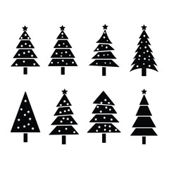 Vector New Year set with christmas trees. Evergreen\black trees with balls. Fir trees for Christmas. Christmas Tree Icon vector.