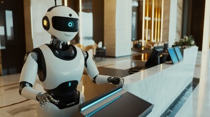 A robotic concierge assisting guests at a smart hotel reception desk, digital check-in systems and luxurious lobby, Hospitality automation style