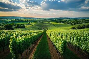 Naklejka premium Lush Vineyard with Rows of Vines in Countryside for Wine Production