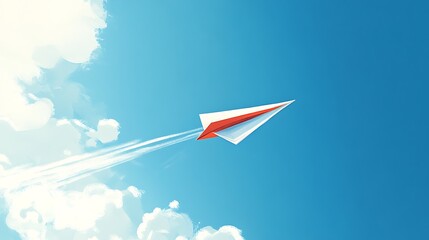 A paper airplane flying against a clear blue sky, symbolizing freedom and fun