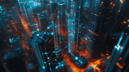Obraz premium Smart digital city with connection cyber security network reciprocity over the twilight cityscape.future wireless digital city and social media networking systems that connects people within the city