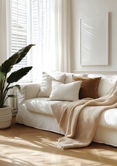Naklejka premium Bright Modern Living Room with White Sofa and Natural Light