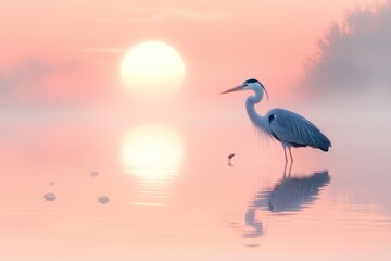 Naklejka premium A heron stands in a lake at sunrise, its reflection visible in the water. The sun is a bright orange orb in the sky, and the water is still and calm.