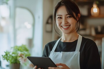 Fototapeta premium Welcoming Server's Warm Smile in Modern Restaurant Setting