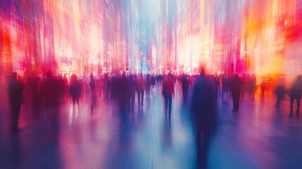Bright business exhibition hall with blurred people walking, wide-angle long exposure shot capturing abstract motion at a trade fair or exhibition, perfect for advertising and commercial concepts.