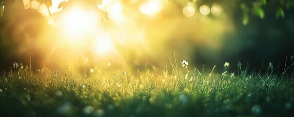 green grass blurred background with sun rays on a meadow in the park