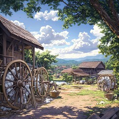 Obraz premium Traditional Village Landscape with Wooden Water Wheels and Lush Greenery.