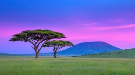 Obraz premium African Savanna Sunset Acacia Trees Mountain Landscape Serene Nature